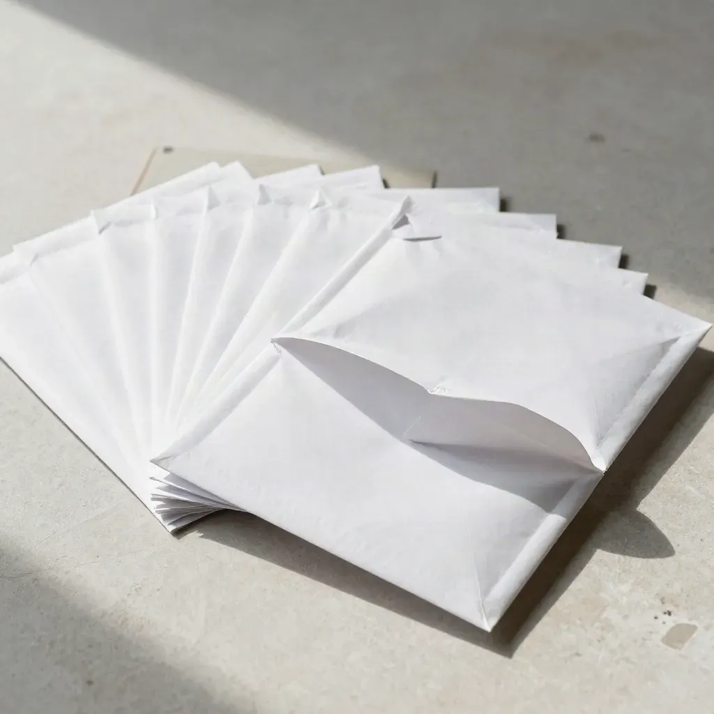 Overhead flatlay of white padded mailers fanned open on stone